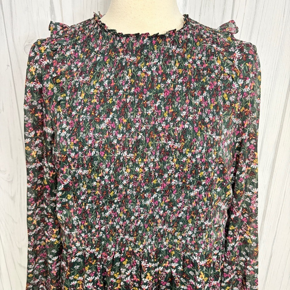 DRAPER JAMES RSVP Dark Green Chiffon Floral Smocked Long-Sleeve Midi Dress, XXL - Picture 3 of 12